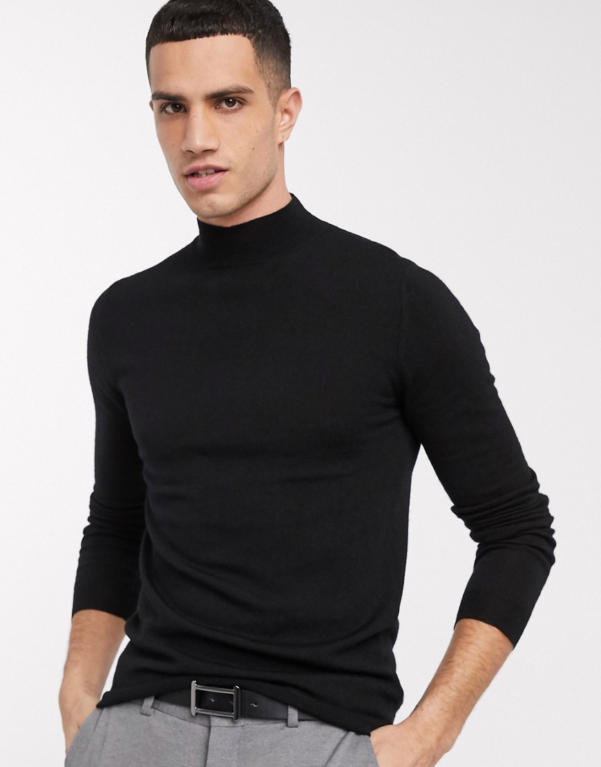 Asos Design Muscle Fit Merino Wool Turtleneck Sweater In Black | ModeSens