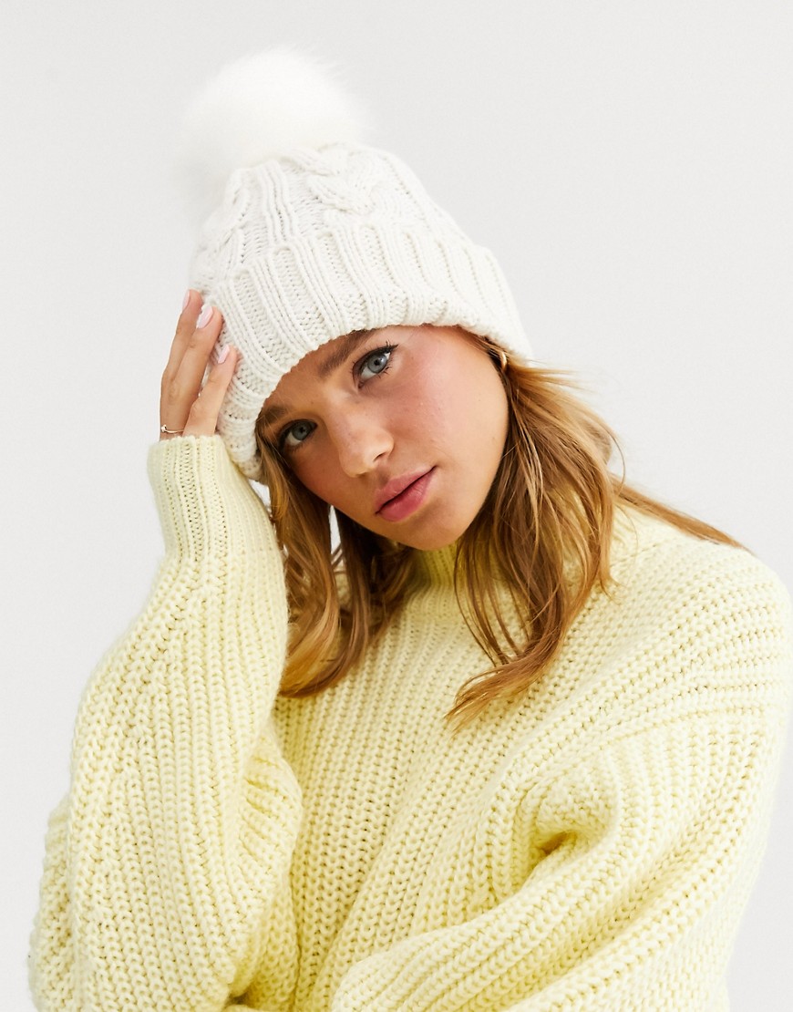 New Look cable knit faux fur bobble hat in cream