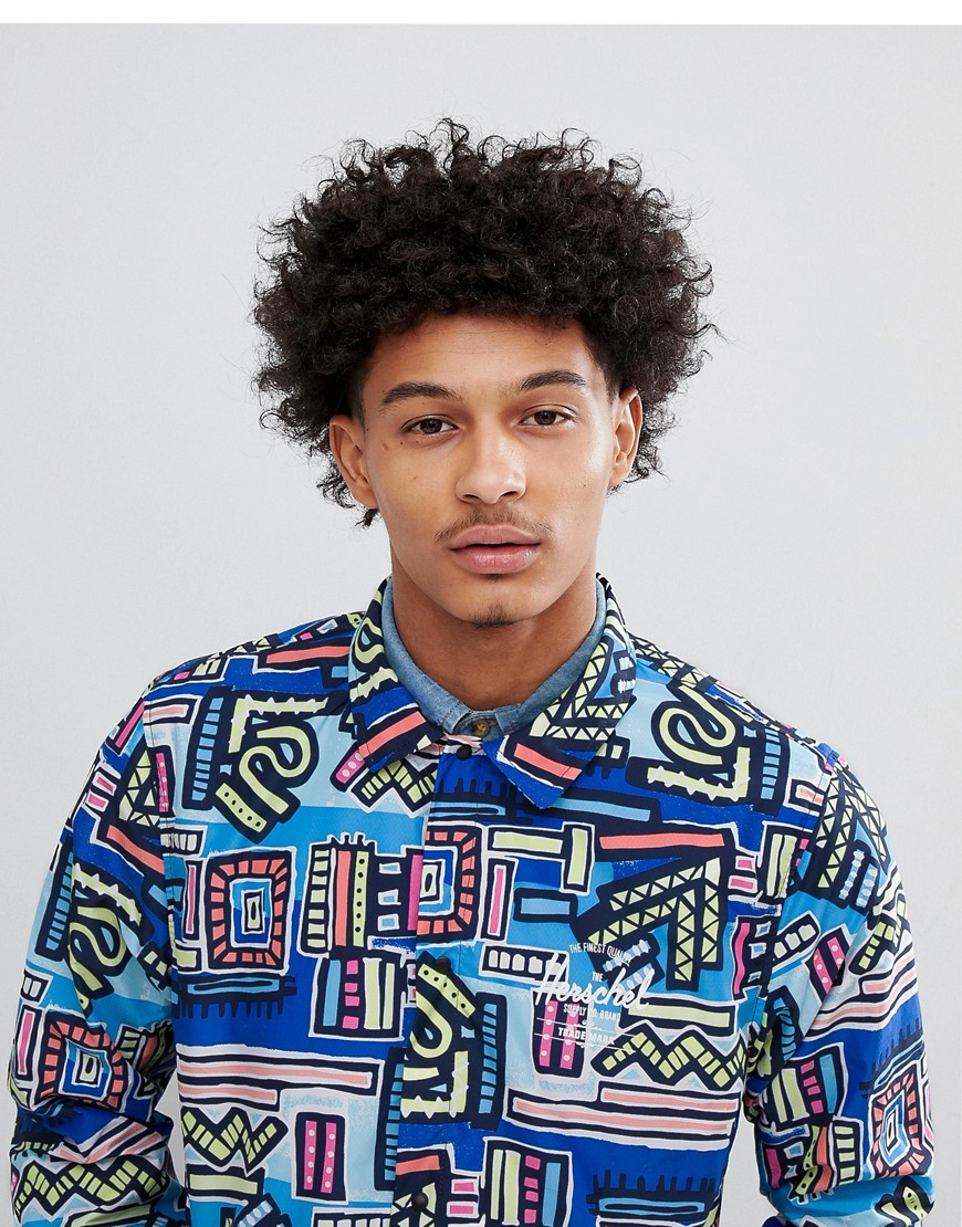 Herschel Supply Co Hoffman Collab Packable Coach Jacket with Back Print in Blue Abstract Print