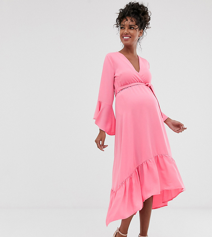 Queen Bee Maternity Wrap Front Fluted Sleeve Midi Dress In Pink