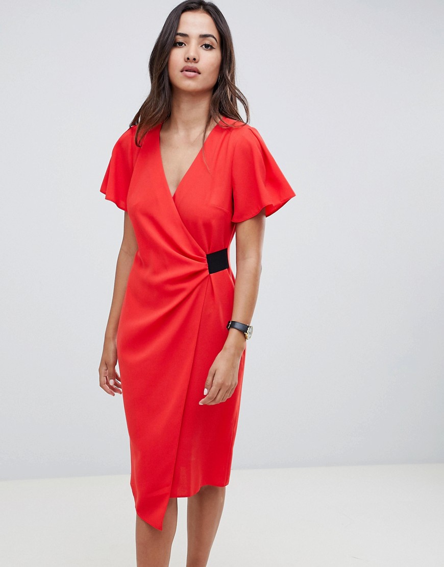 Asos Design Drape Front Midi Pencil Dress With Elastic Detail-red