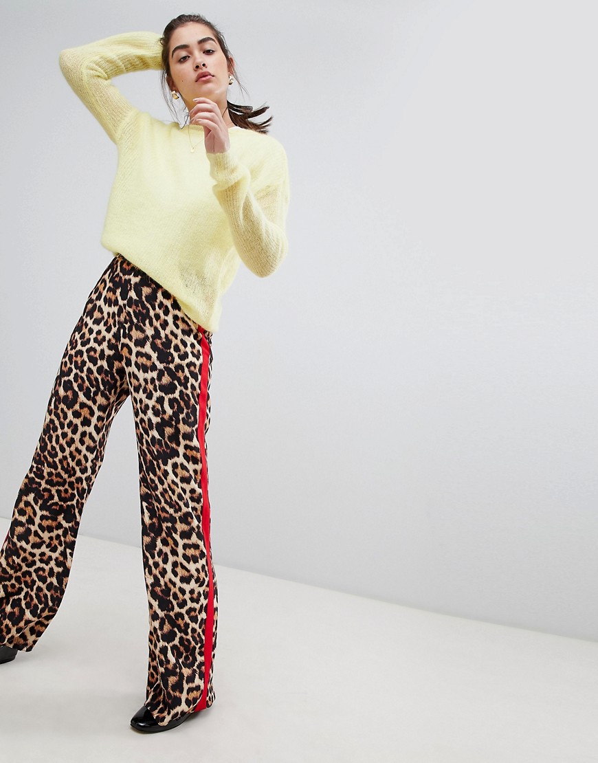 New Look Leopard Print Side Stripe Wide Leg Trousers - Brown pattern