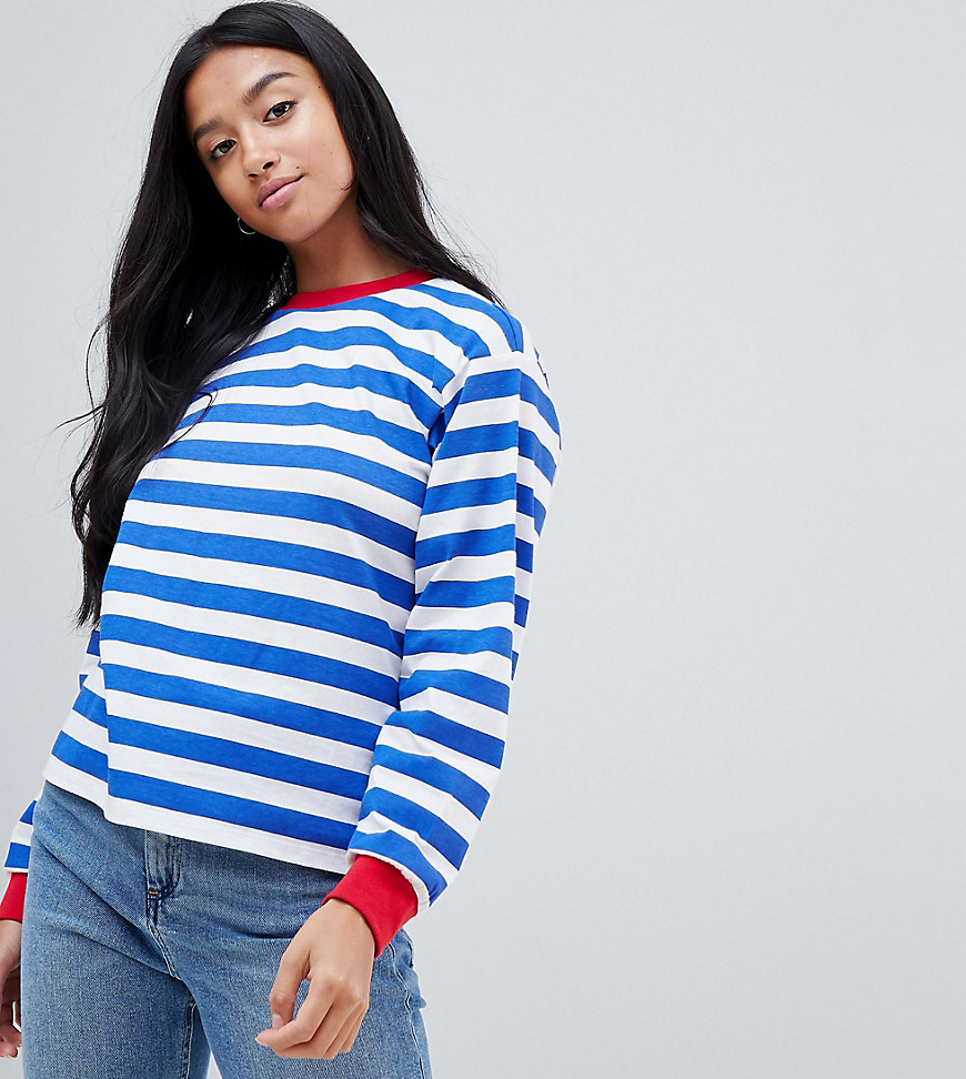 ASOS DESIGN Petite t-shirt with long sleeve in stripe with contrast collar and cuffs