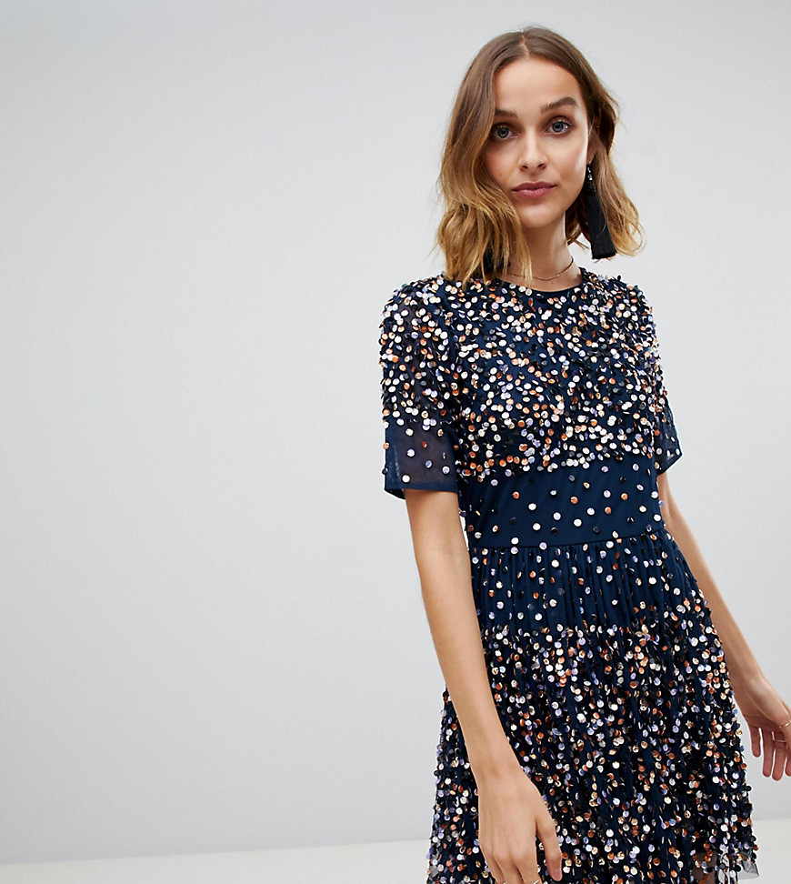 Lace & Beads scatter embellished mini dress in navy