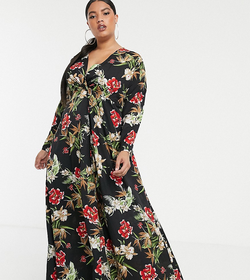 PrettyLittleThing Plus maxi dress with twist front in black floral