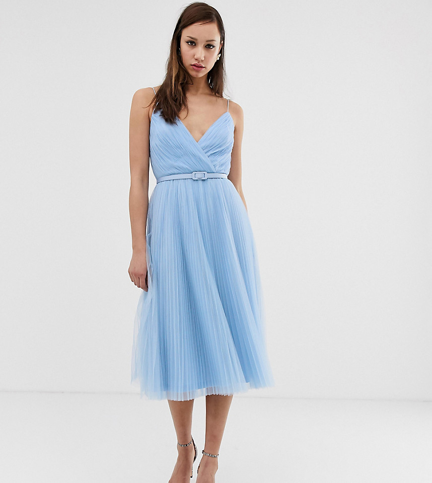 ASOS DESIGN Tall belted pleated tulle cami midi dress