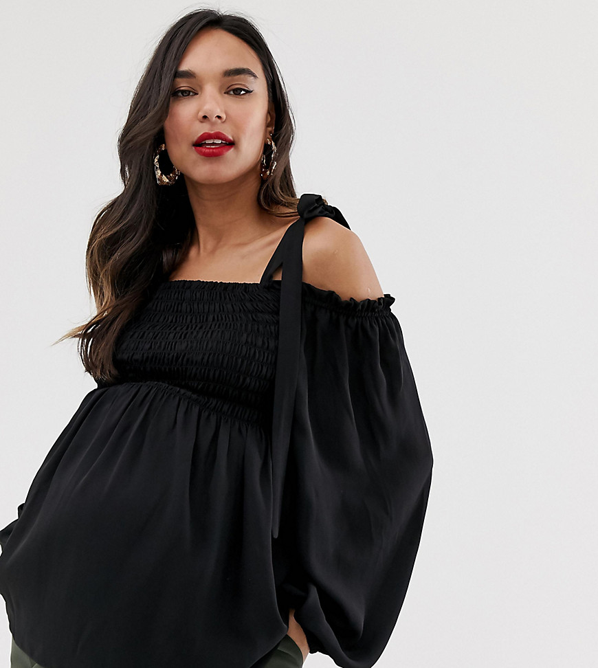 ASOS DESIGN Maternity long sleeve shirred front top with cold shoulder