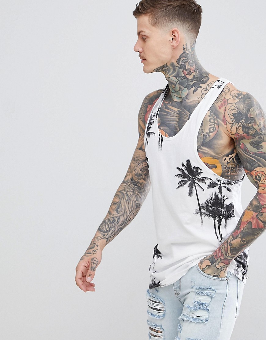 Religion longline vest with racer back and palm print - White