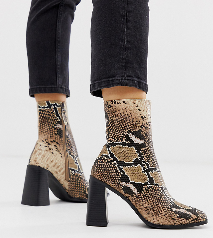 RAID Wide Fit Ziva natural snake heeled ankle boots