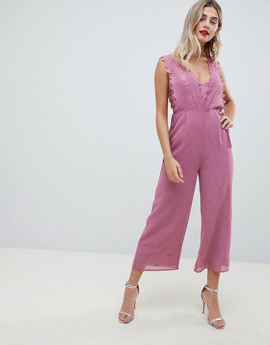 ASOS DESIGN Jumpsuit With Embroidery And Lace Up Detail