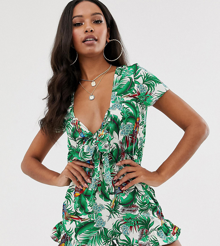 Boohoo exclusive playsuit with tie front in tropical print