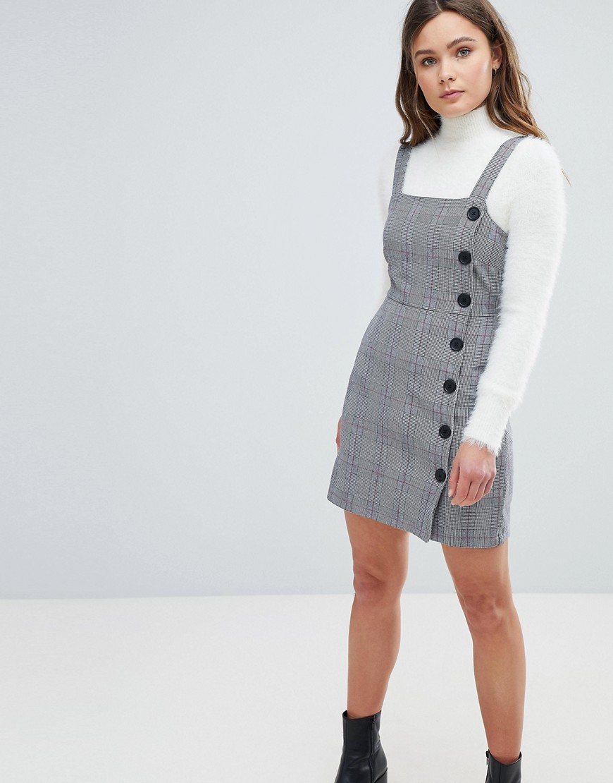Bershka Button Front Check Mini Dress - Grey