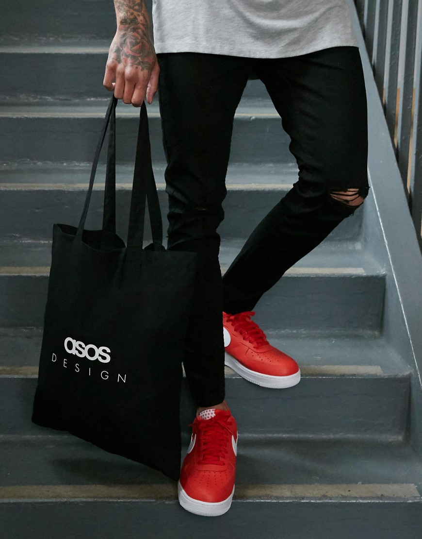 Asos Design Tote Bag In Black Organic Cotton With Branded Print