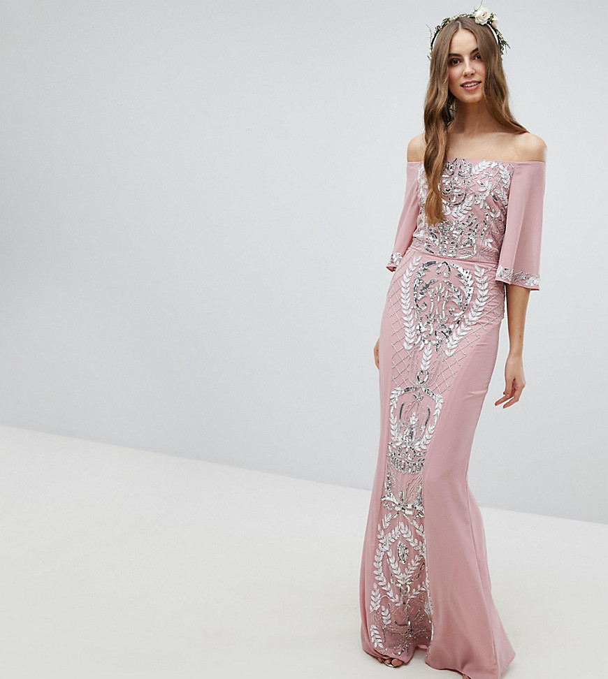 Maya Tall All Over Embellished Bardot Maxi Bridesmaid Dress With Fluted Sleeves