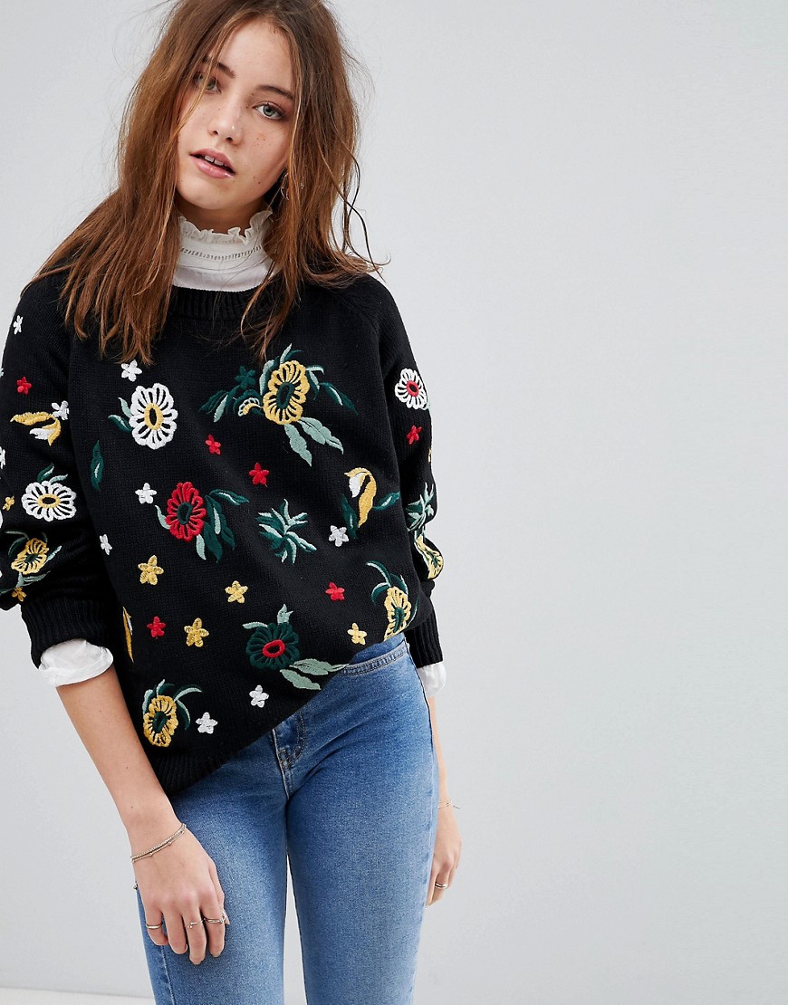 Willow And Paige Jumper With Floral Embroidery - Black