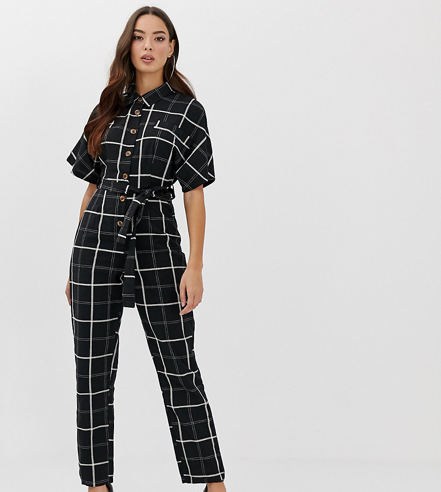 Boohoo button through belted jumpsuit in grid check