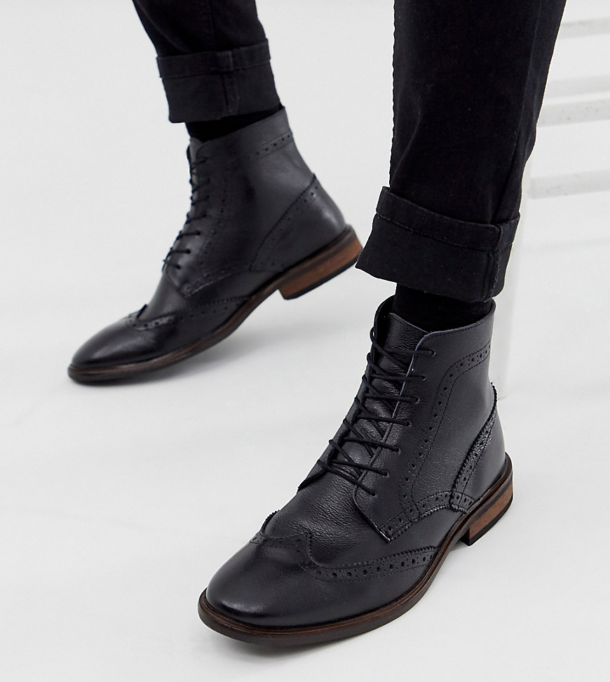 ASOS DESIGN Wide Fit brogue boots in black leather with natural sole