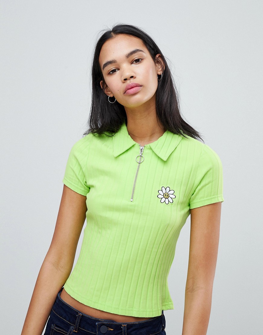 Lazy Oaf Ribbed Polo Shirt With Flower - Lime green