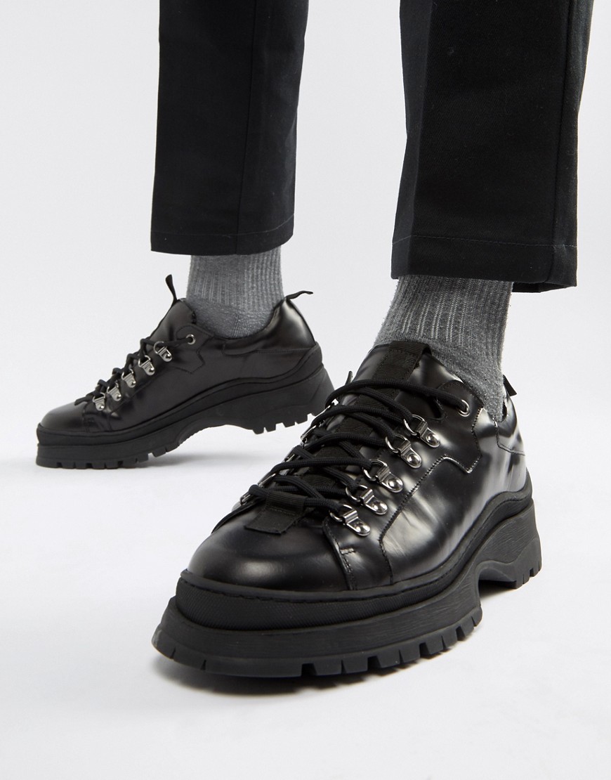 ASOS DESIGN trainer shoes in black leather with chunky sole