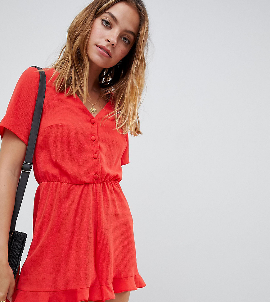 New Look Petite button through playsuit in red - Bright red