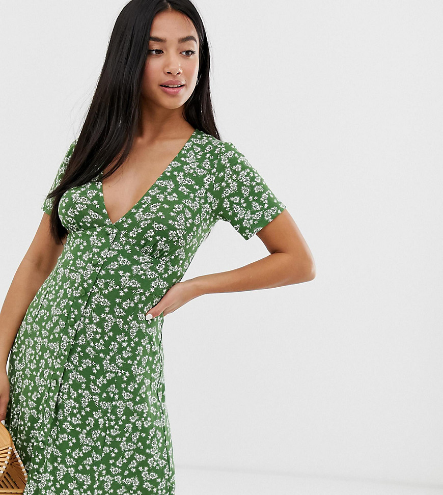 ASOS DESIGN Petite exclusive button through maxi tea dress with splits in ditsy print