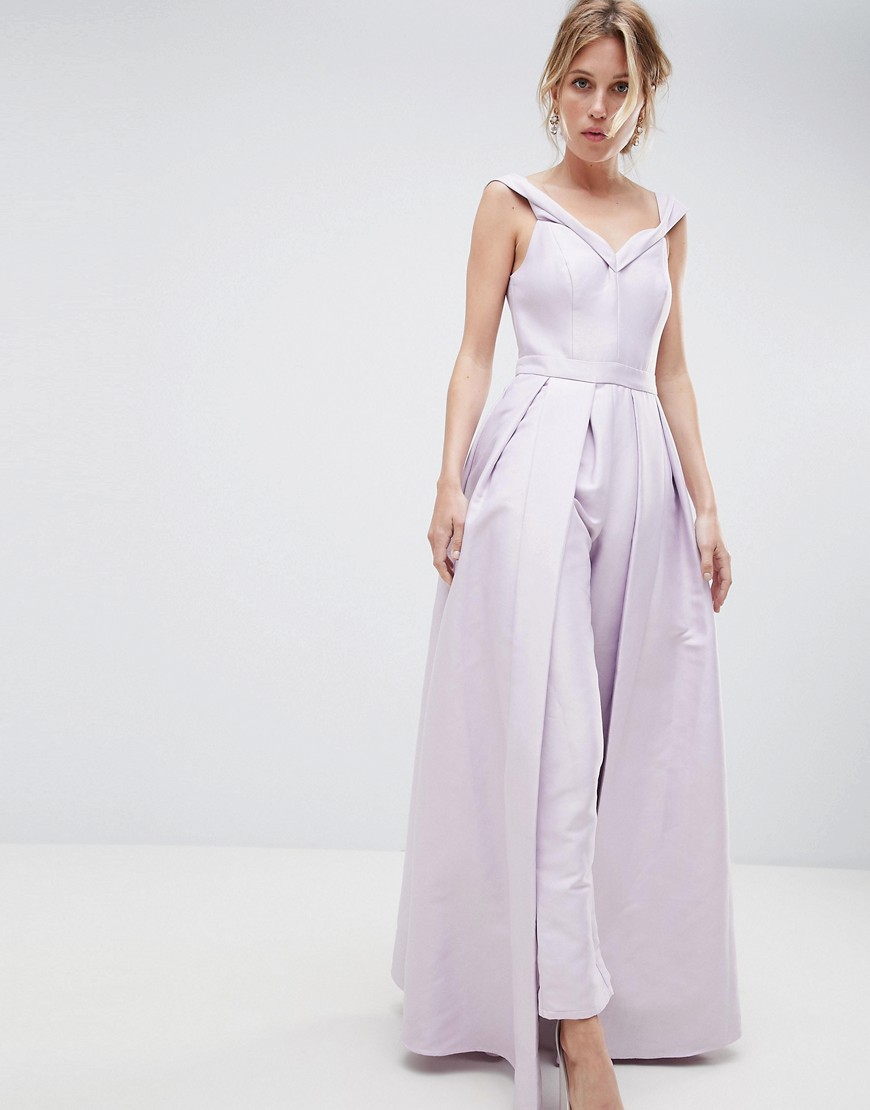 True Decadence Premium Bardot Tailored Jumpsuit With Skirt Cape Detail - Light lilac