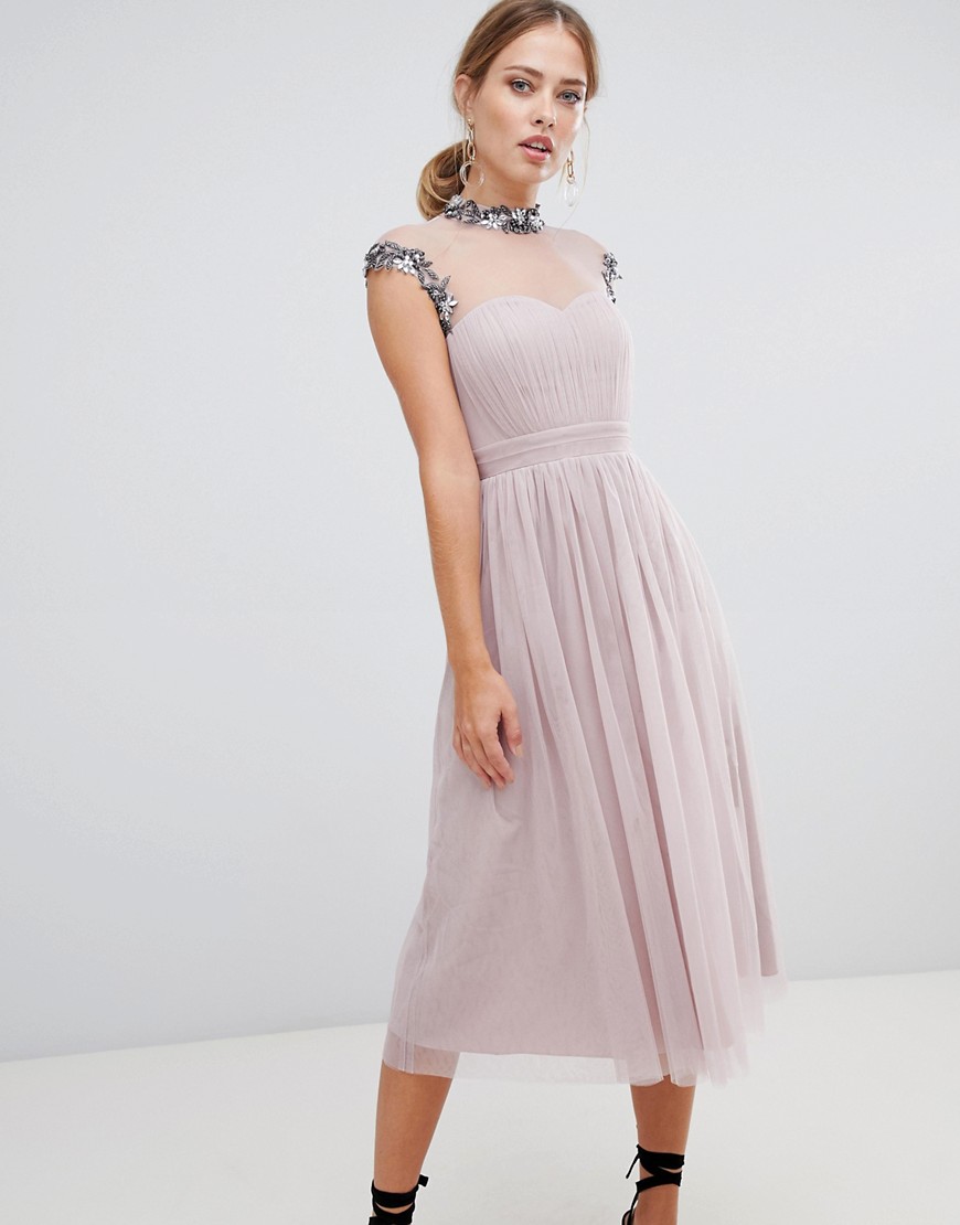 Little Mistress midi prom dress with embellished collar and sleeves