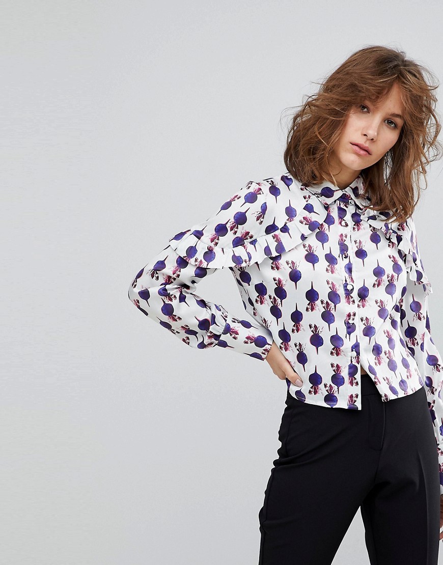 Lost Ink Cropped Blouse With Ruffle Shoulder Detail In Artist Print - Multi