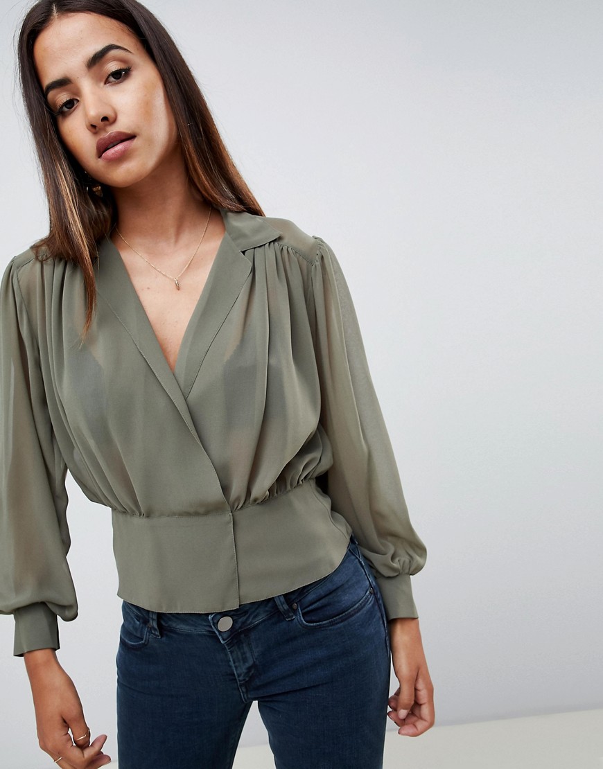 Asos Design Long Sleeve Sheer Waisted Blouse With Collar Detail-green
