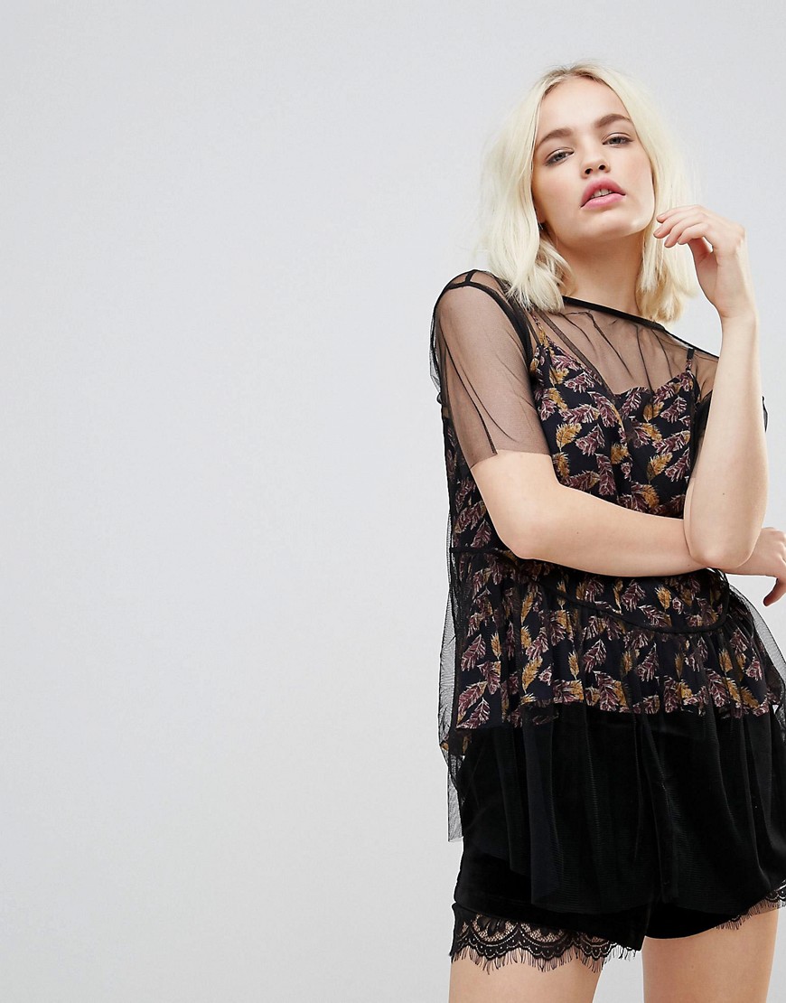 Hazel Floral Print Top with Mesh Overlay