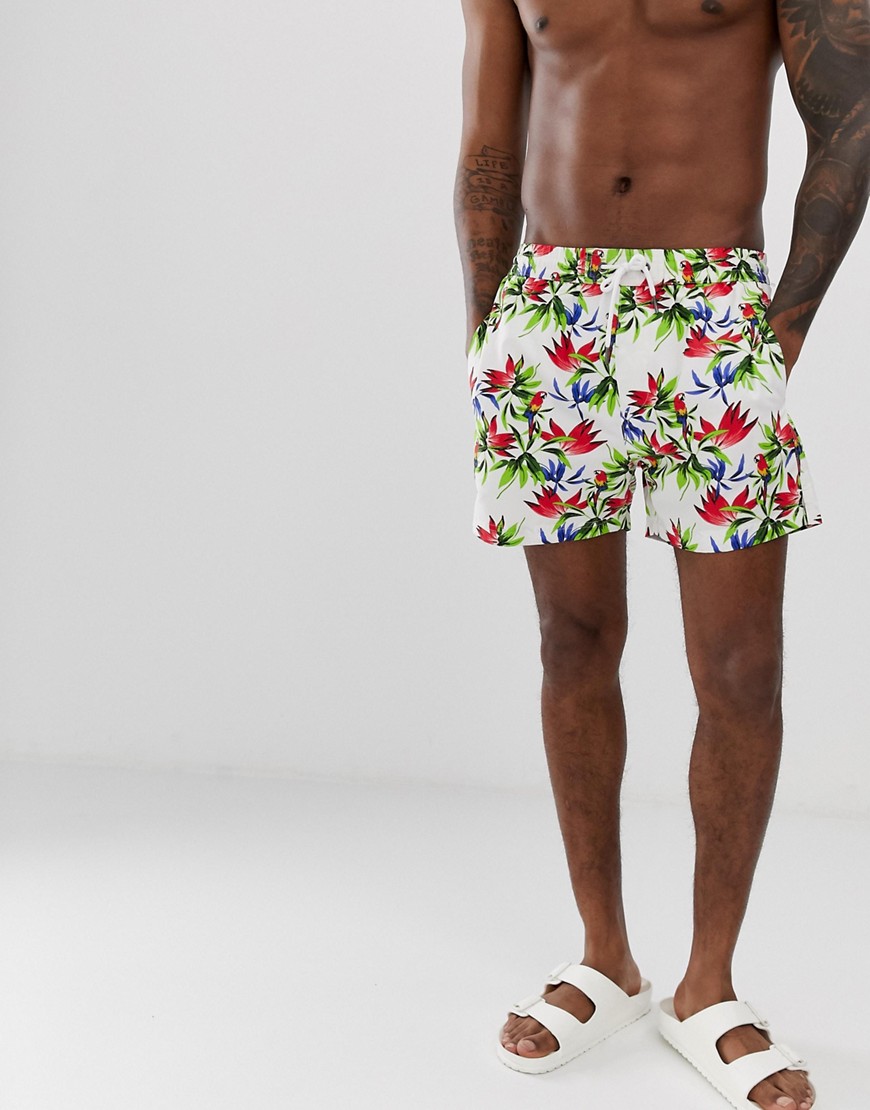 boohooMAN swimshorts with tropical print in white