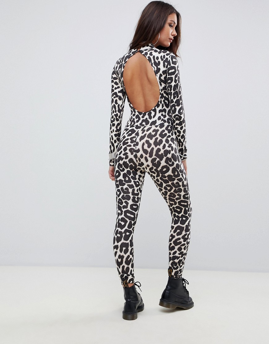 Motel high neck unitard with cut out back in leopard - Oversize jaguar