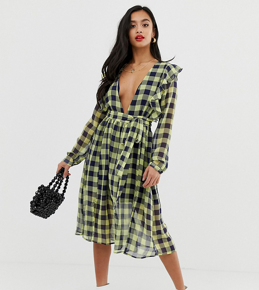 Glamorous Petite plunge front midi dress with tie waist in contrast check