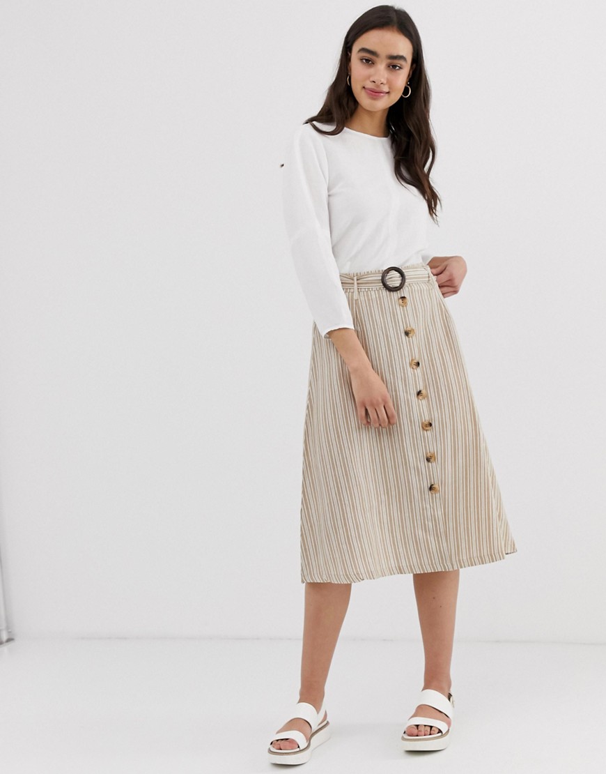 QED London button down midi skirt with belt in natural stripe
