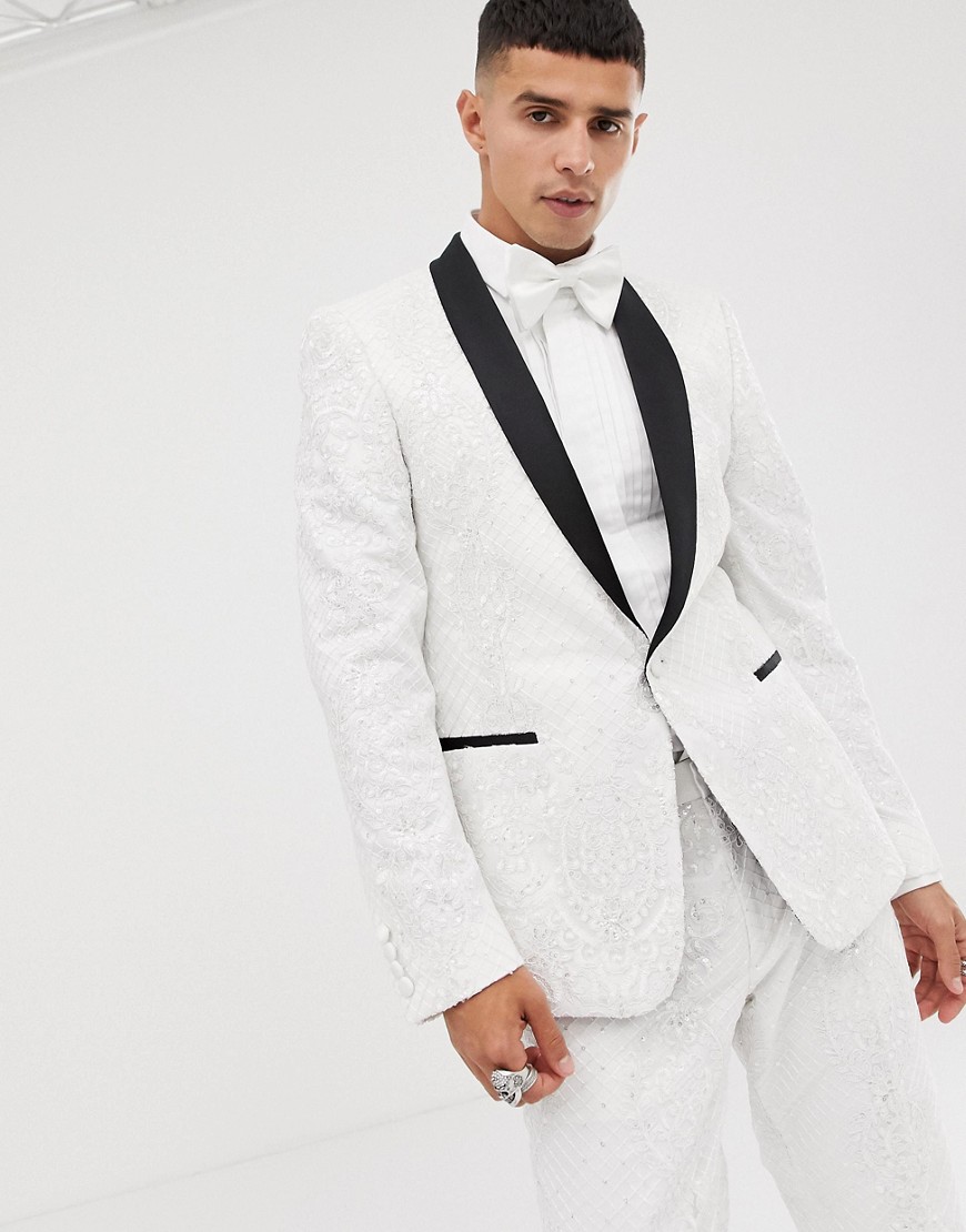 ASOS EDITION skinny tuxedo suit jacket in sequin and lace embellished white sateen