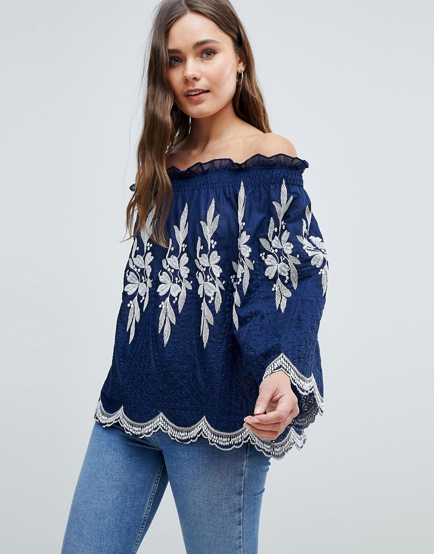 QED London Off Shoulder Embroidered Top - Navy