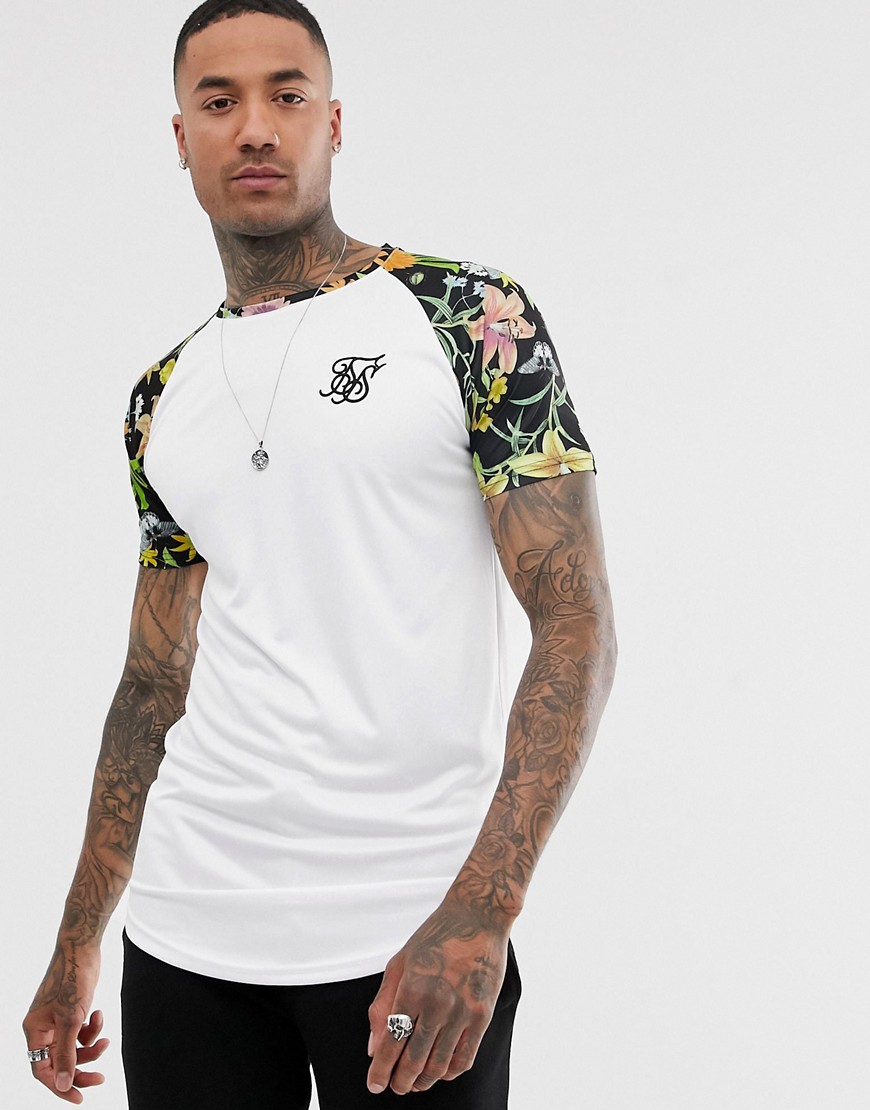 SikSilk t-shirt in white with floral contrast sleeves