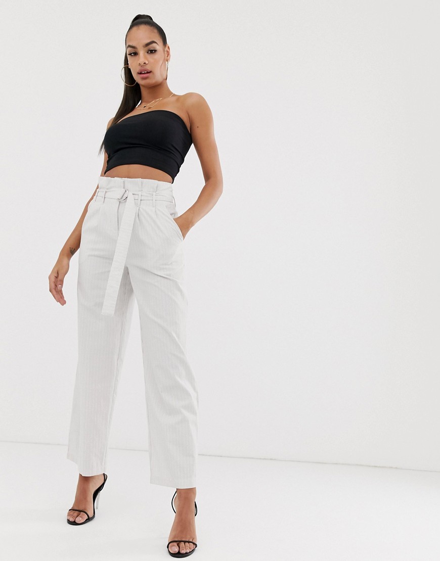 NA-KD striped paper bag waist trousers in white