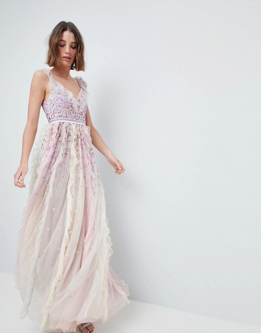 Needle & Thread Maxi Dress With Embellishment And Frill Neck Detail - Rainbow