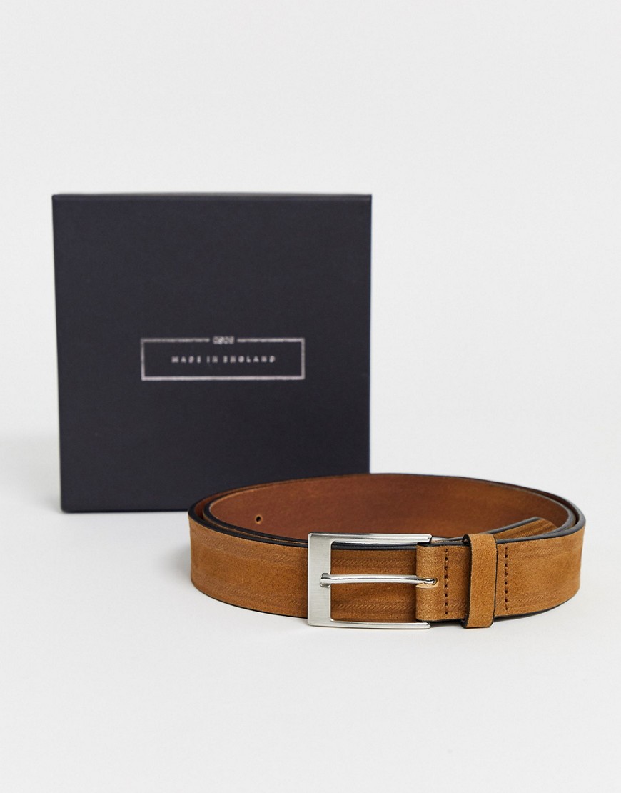 ASOS DESIGN Made In England leather slim belt in vintage tan with silver buckle