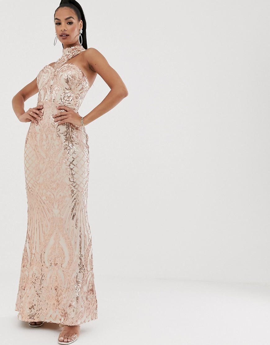 Bariano high neck sequin gown in rose gold