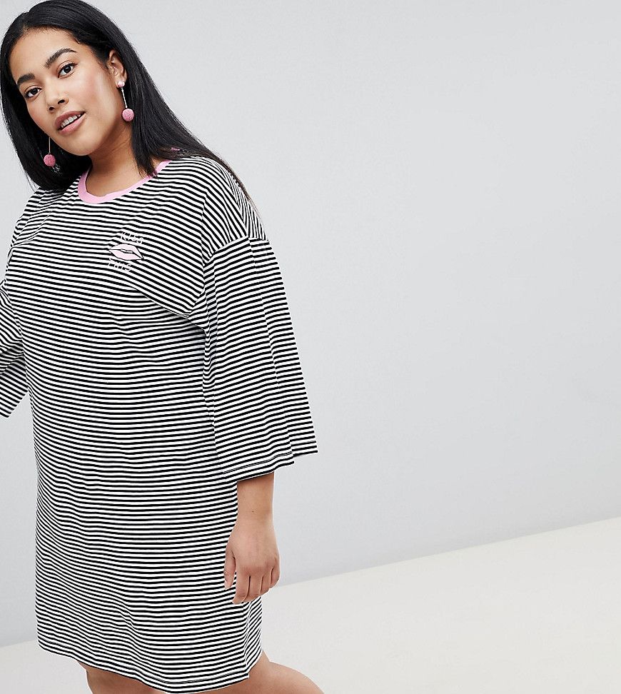Chorus Plus Flared Sleeve Striped T-Shirt Dress with Embroidery