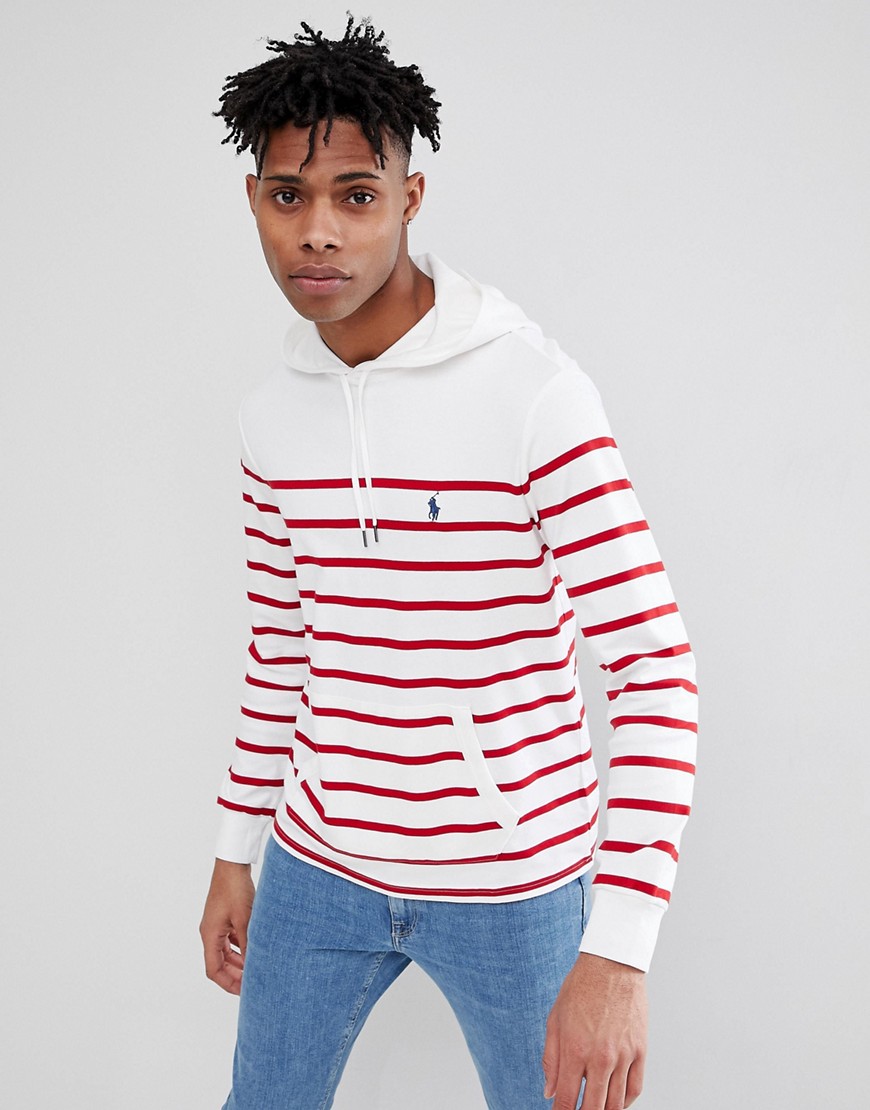 Polo Ralph Lauren Pima Cotton Stripe Hooded Long Sleeve Top Polo Player Kangaroo Pocket in White/Red - White/ralph red