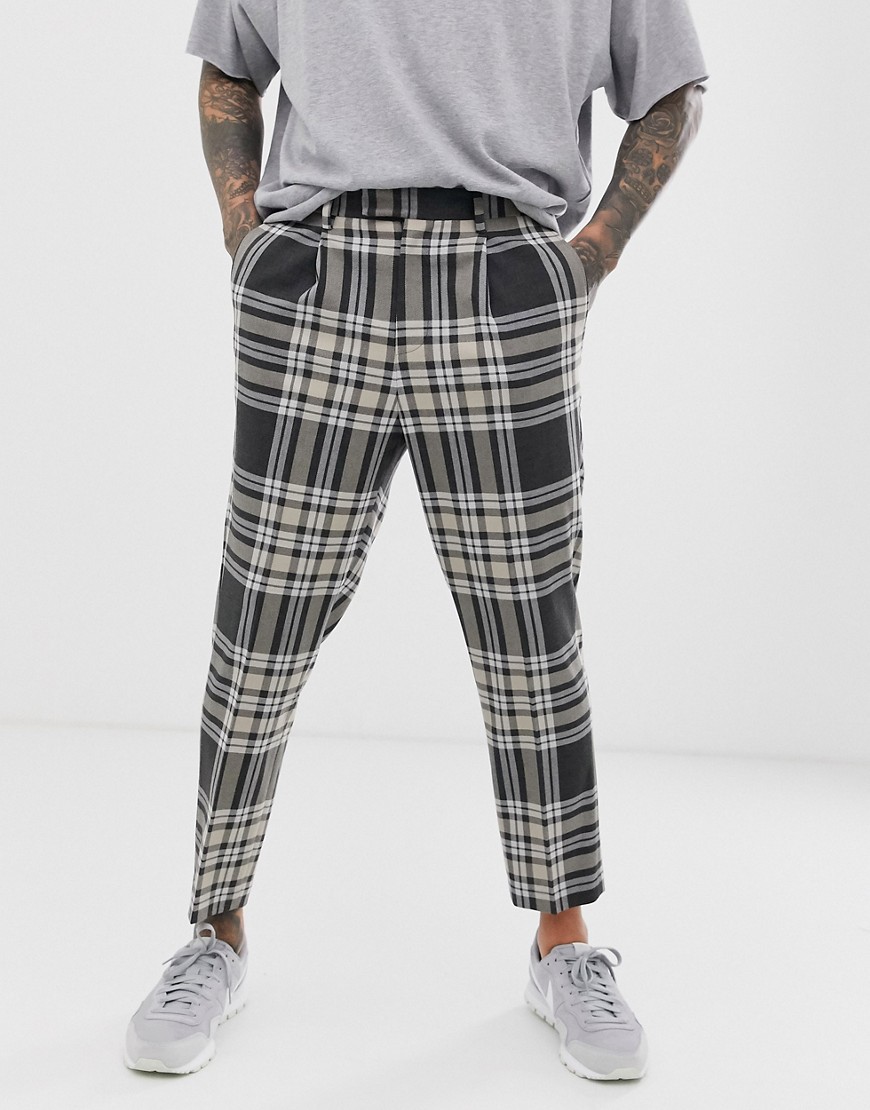 ASOS DESIGN tapered crop smart trousers in grey wool mix check