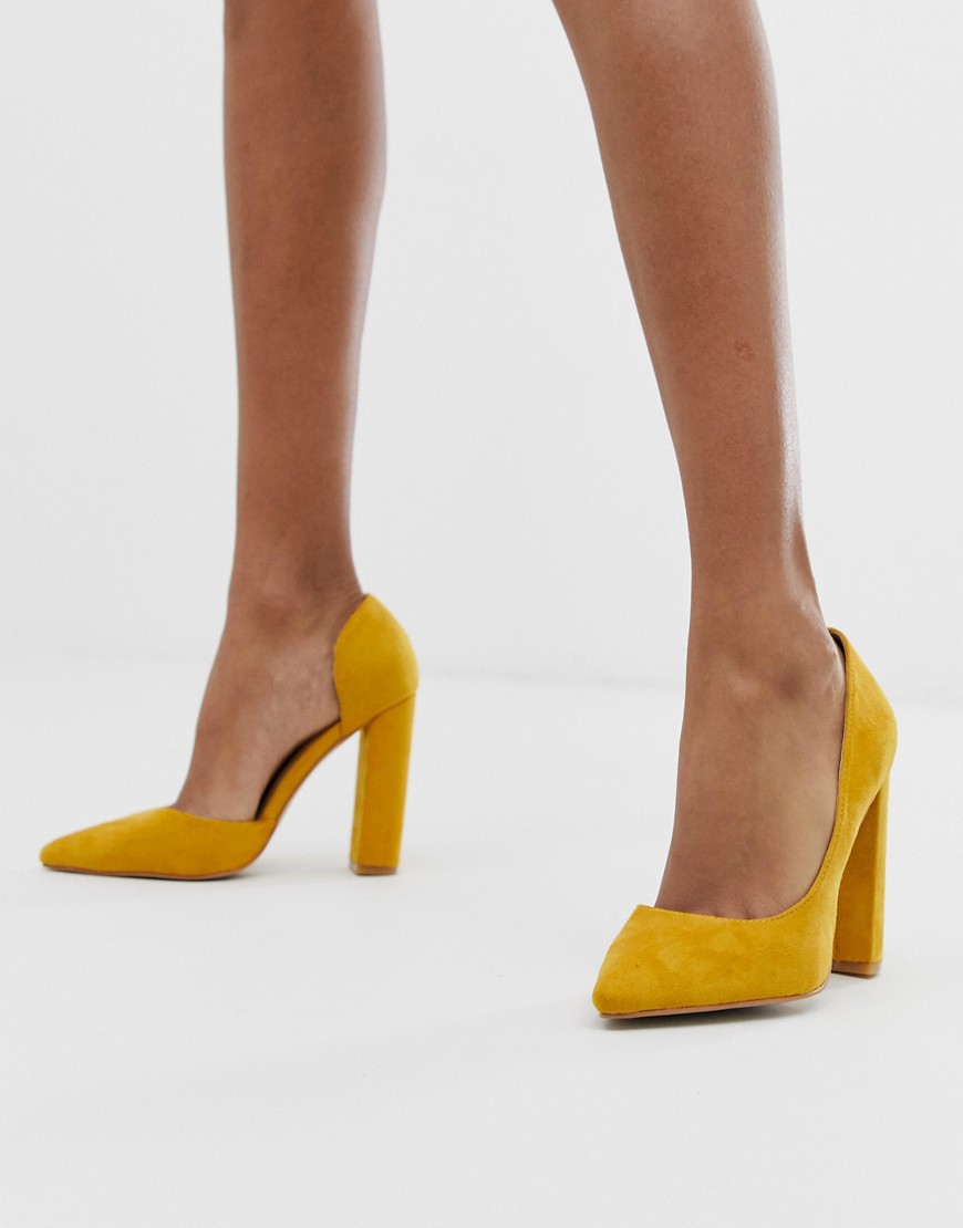 Public Desire Prinny yellow suede block heeled shoes