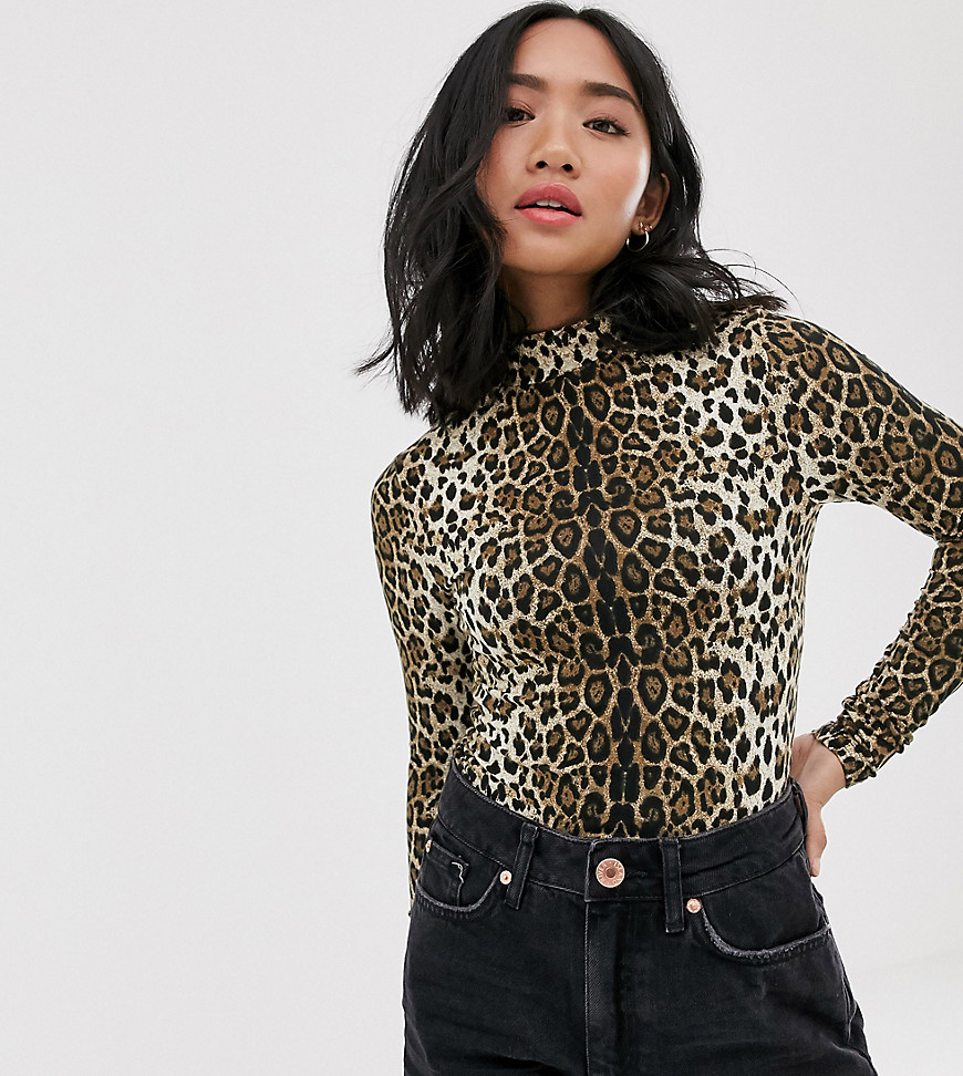 Brave Soul Petite long sleeve bodysuit in leopard print