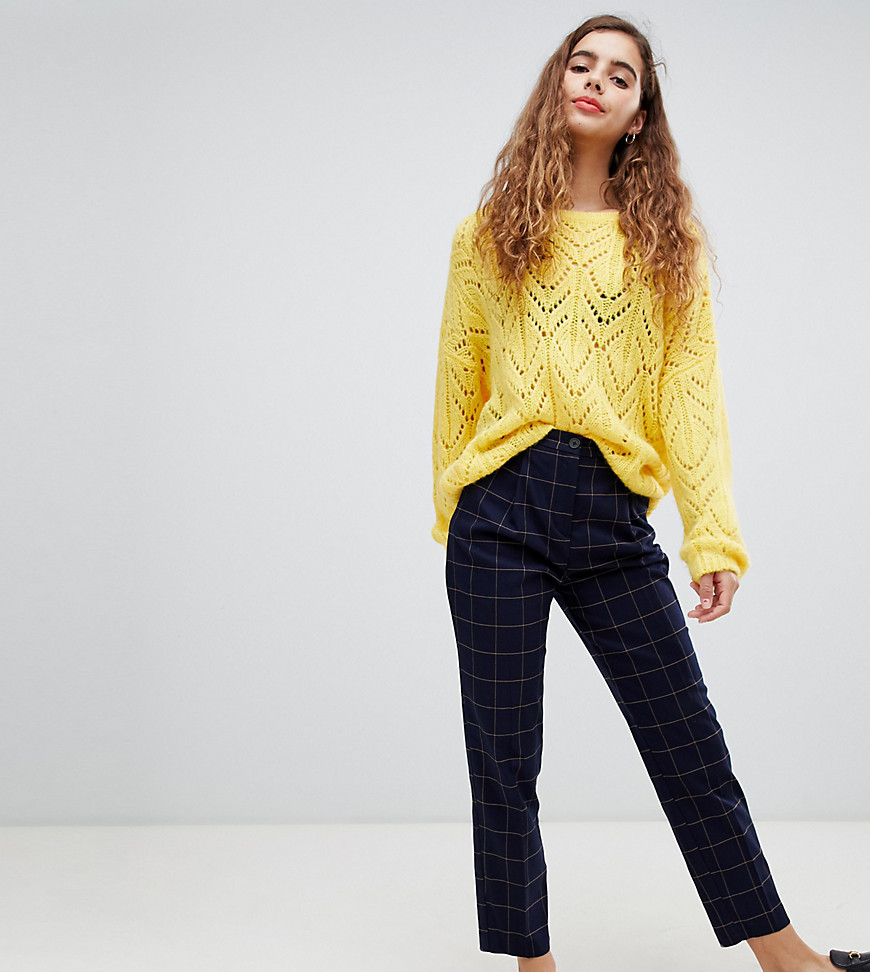 Monki peg tailored check trousers in navy and beige