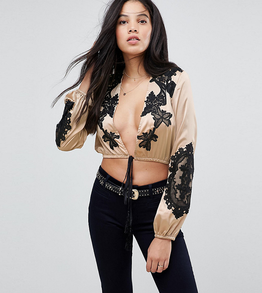Kiss The Sky Tall Long Sleeve Plunge Embroidered Crop Top In Satin With Tie Front - Gold