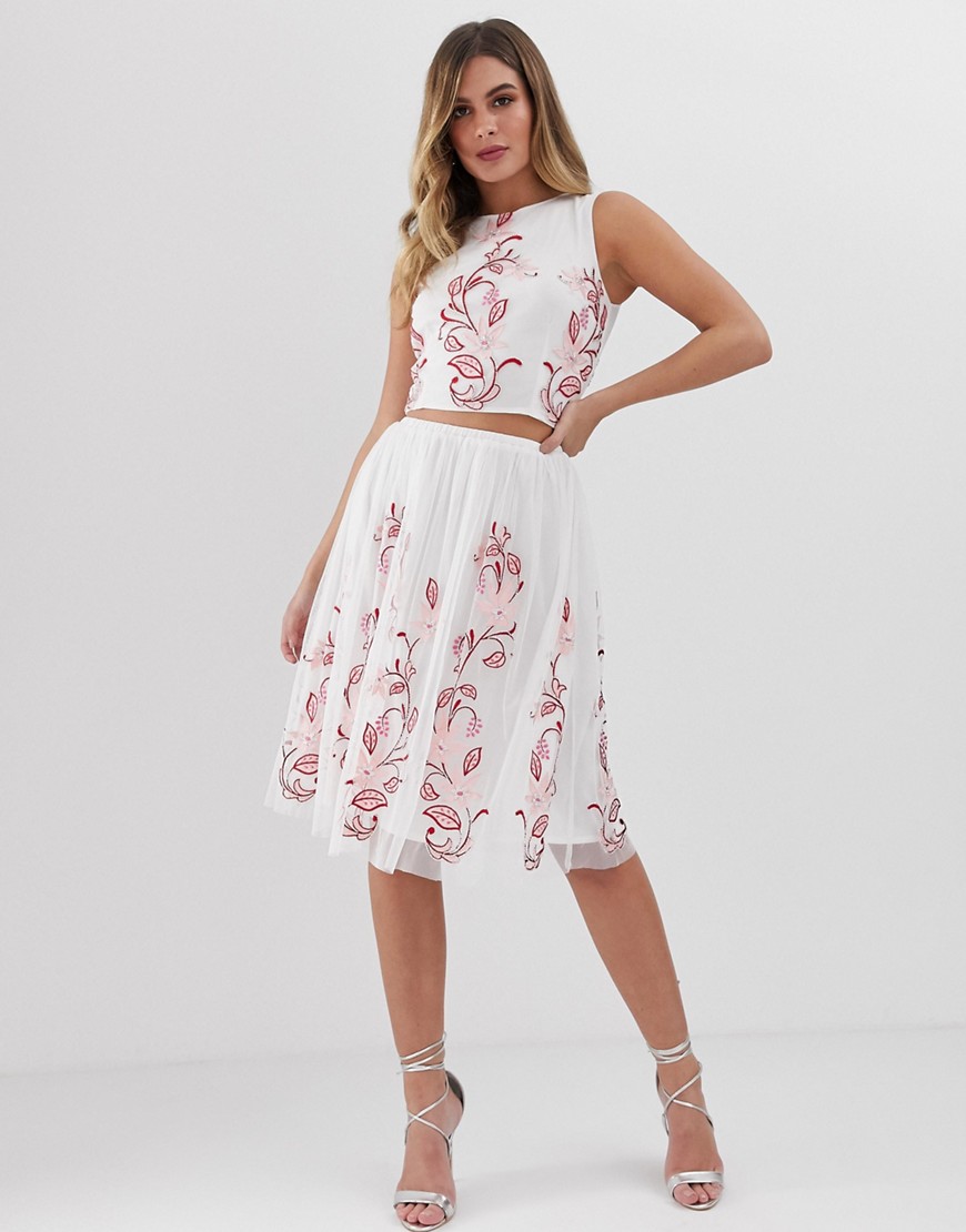 Lace & Beads floral embroidered midi skirt co-ord