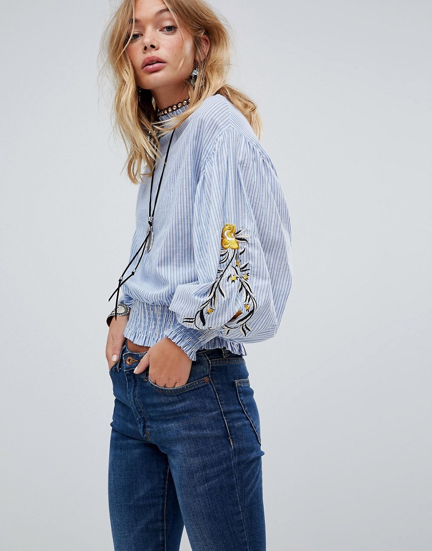 Rd & Koko High Neck Bouse With Floral Embroided Arm - Blue
